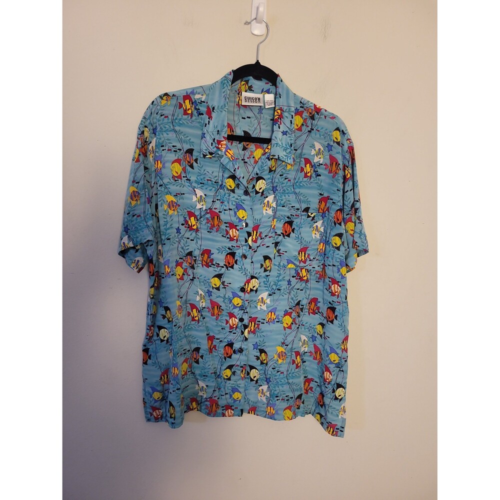 Chico's Blue Silk Fish Print Button Up Shirt Sz L Beachy Vacation Resort
